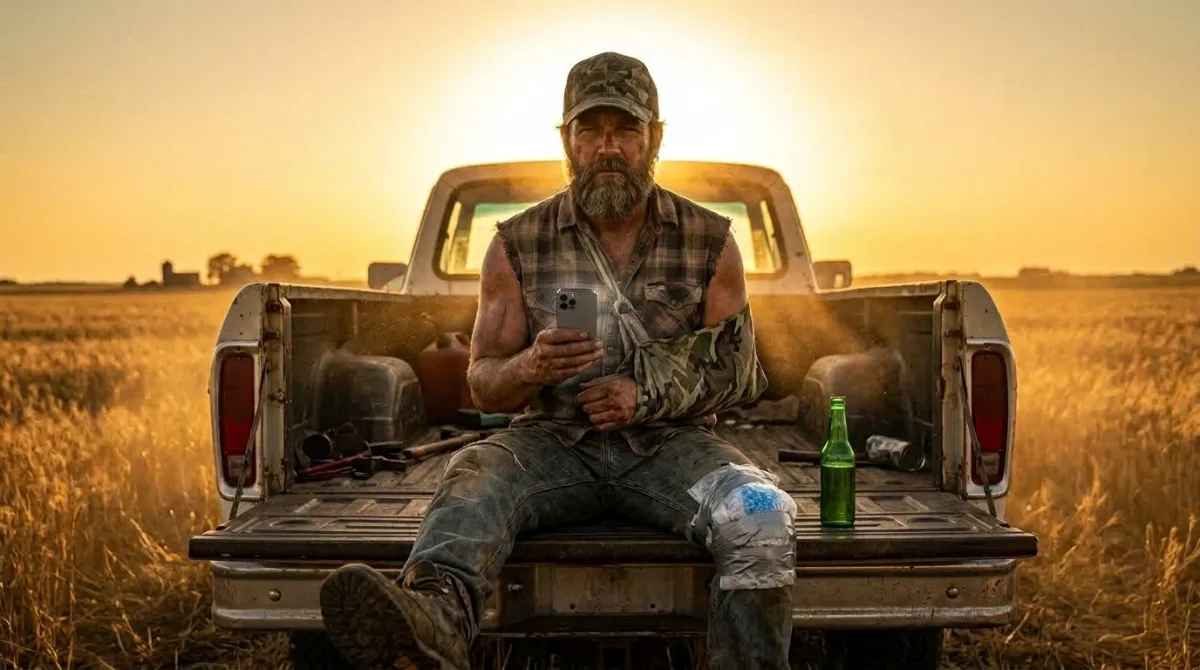 A rugged man with an injured arm sits on a tailgate, checking his phone