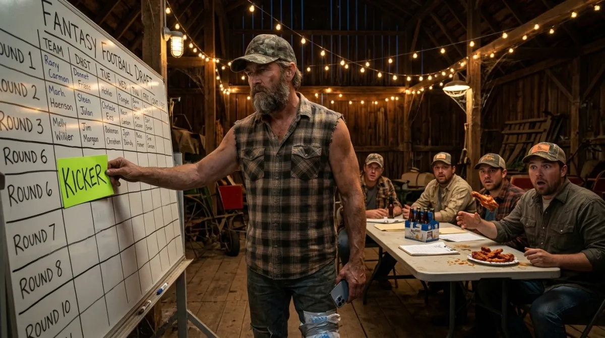 A man slaps a KICKER sticker on a draft board in round six