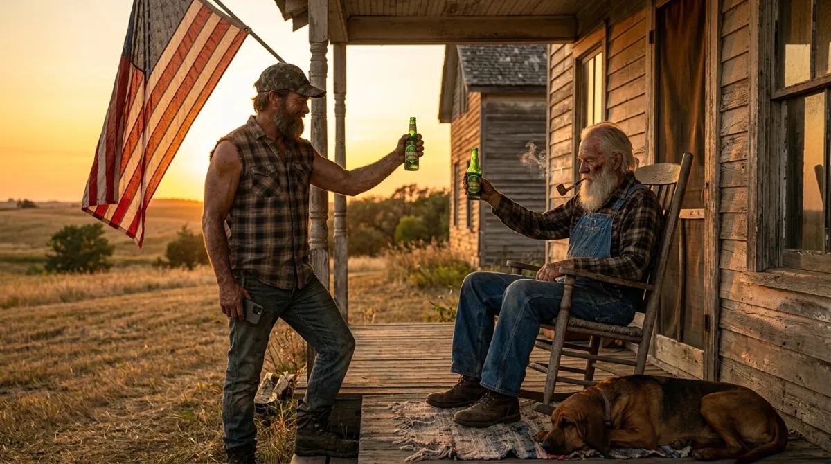 A man raises a bottle of Brawndo Draft to his grandfather on the porch