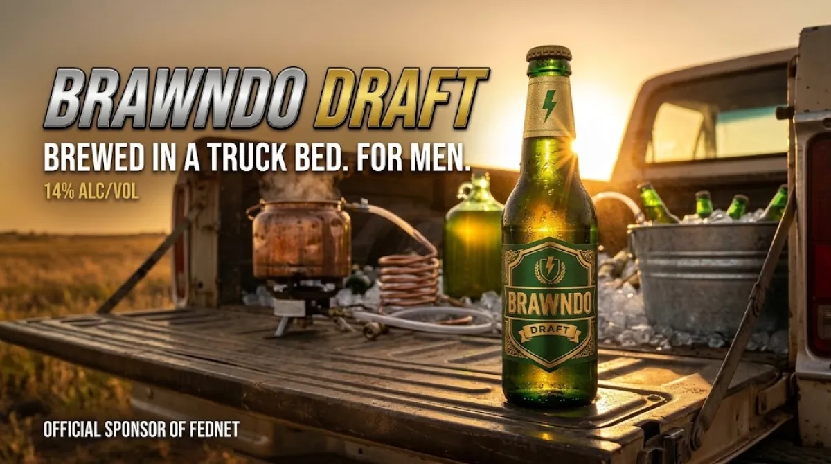 Brawndo Draft. Brewed in a truck bed. For men. A green bottle on a tailgate at sunset.