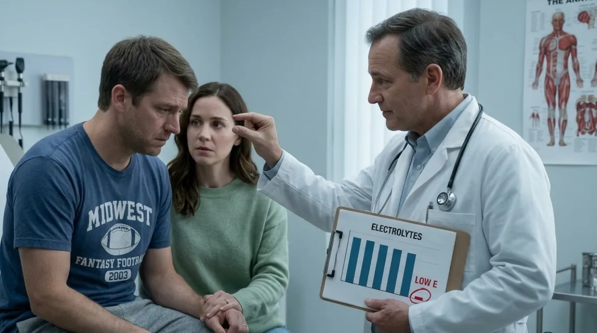 A doctor shows a worried man and his girlfriend a clipboard of his electrolytes, circled: LOW E