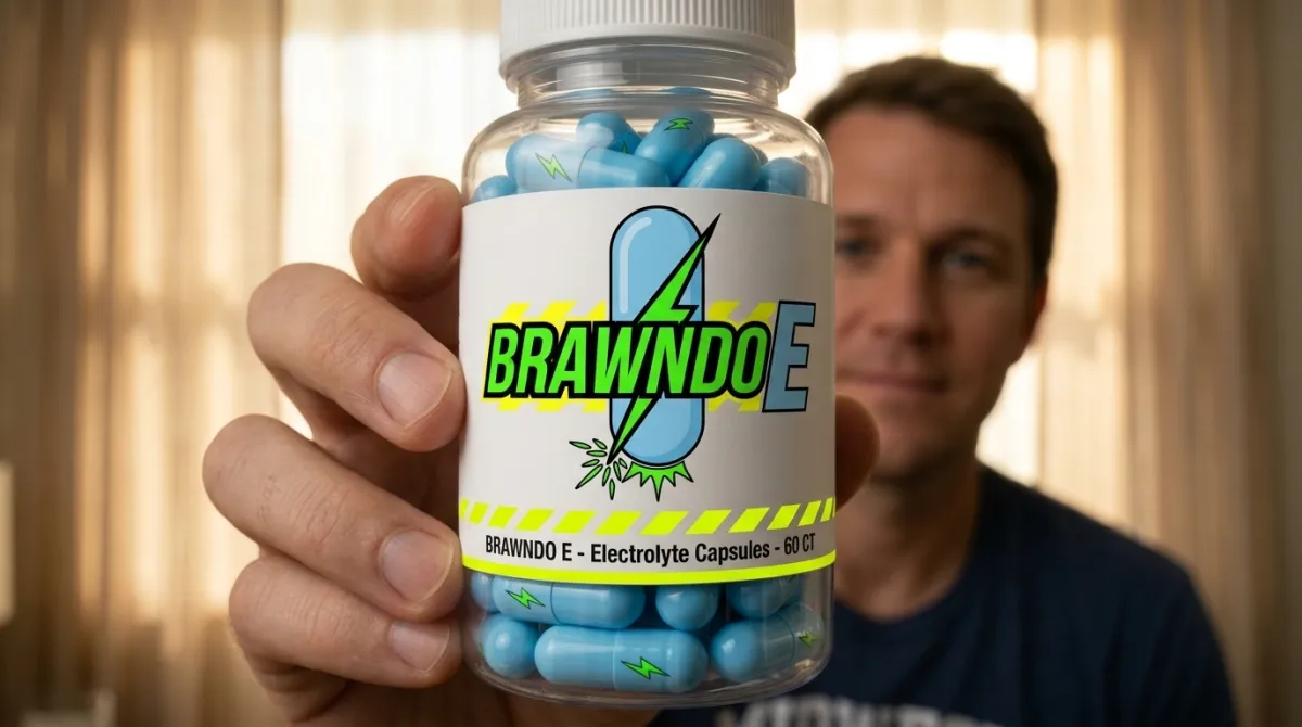 A man holds up a bottle of Brawndo E electrolyte capsules