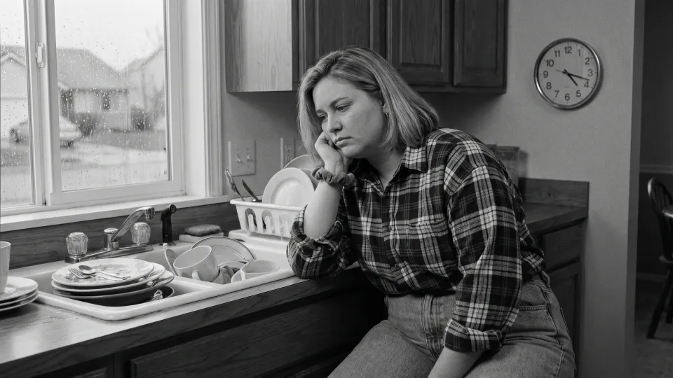A tired woman slumped at a cluttered kitchen counter