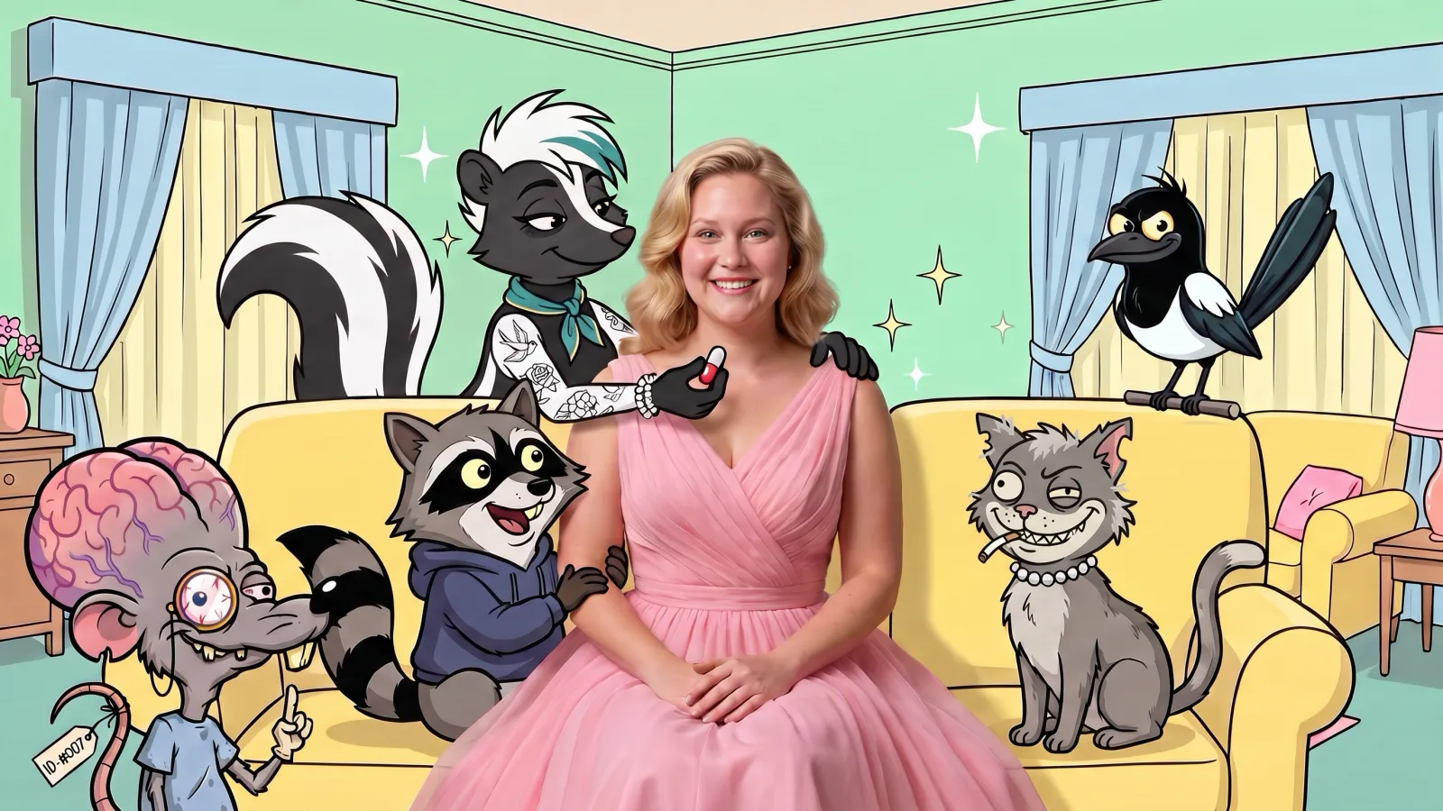 A smiling woman in a pink dress on a yellow sofa, surrounded by her care team