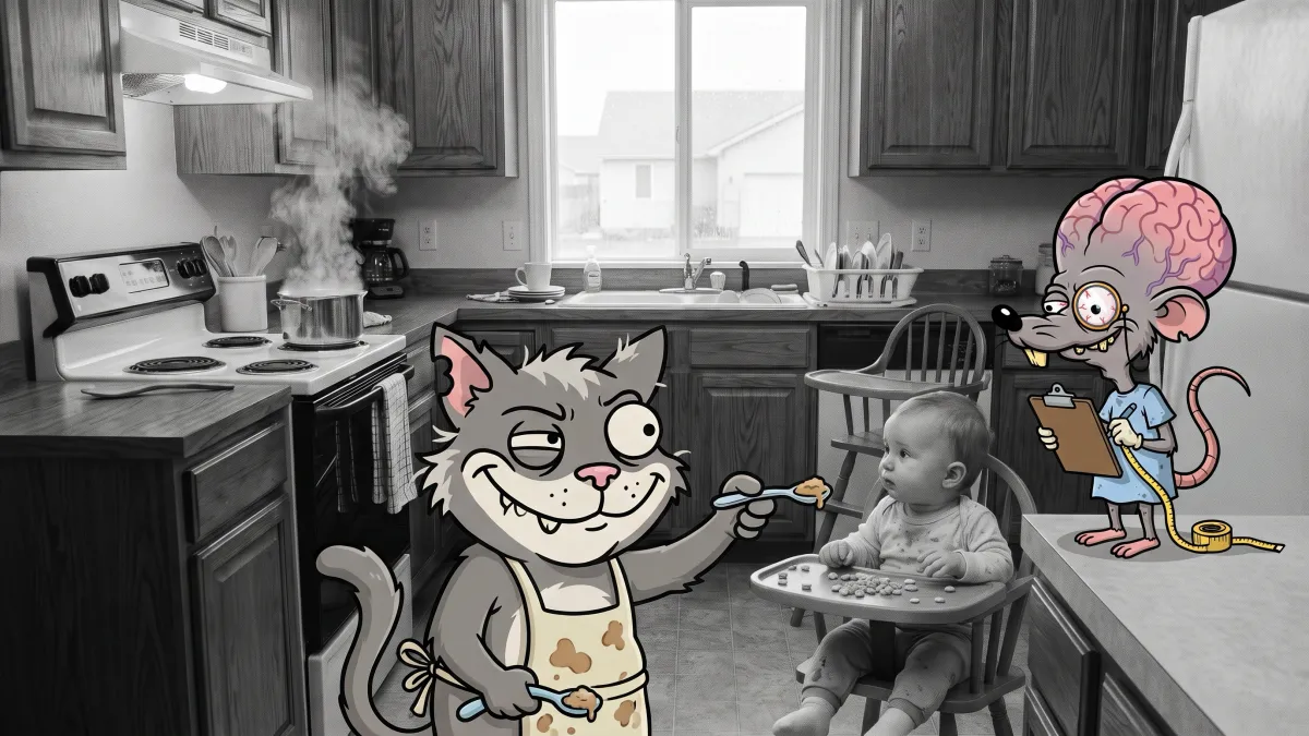 In a black-and-white kitchen, a cartoon alley cat in an apron spoon-feeds a real baby while a cartoon lab rat measures it