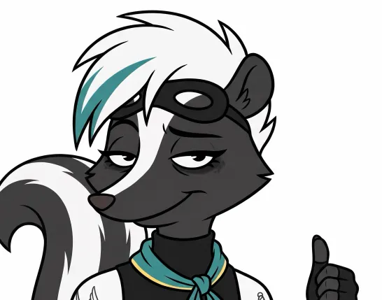 Cam, a tattooed skunk in a teal scarf, giving a thumbs up