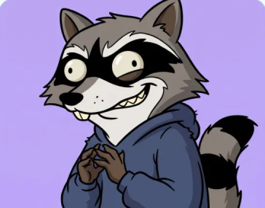 A grinning raccoon in a navy hoodie