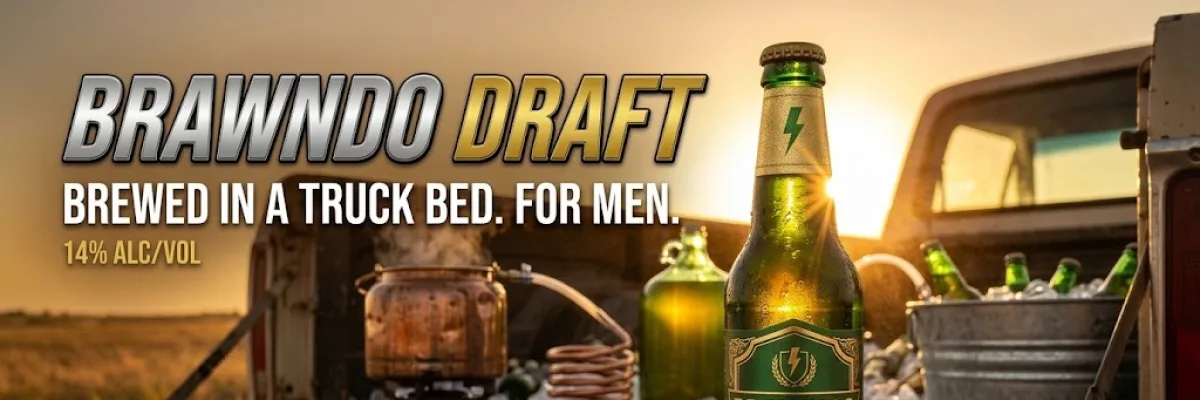 Brawndo Draft. Brewed in a truck bed. For men. 14% alc/vol.